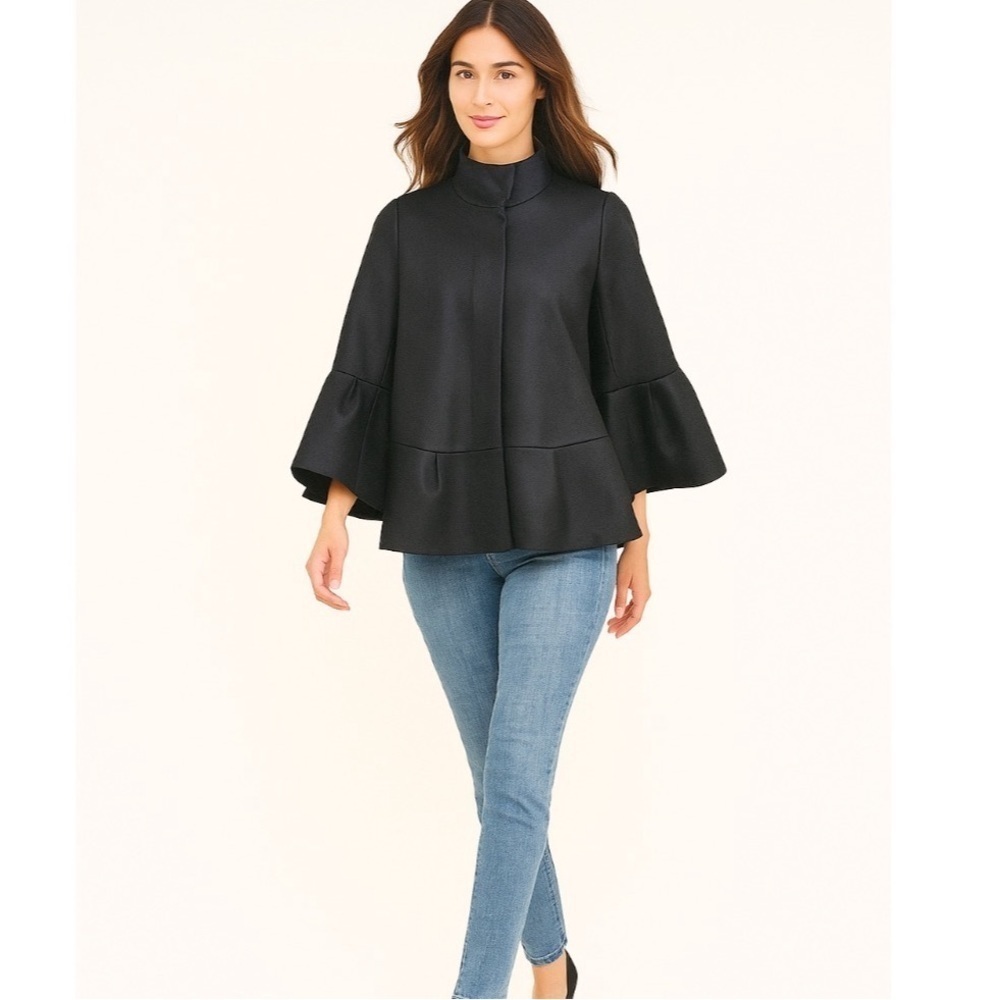 Diane Von Furstenberg Black Cropped Flare Sleeve Jacket Size 6 Ruffle Cape Style